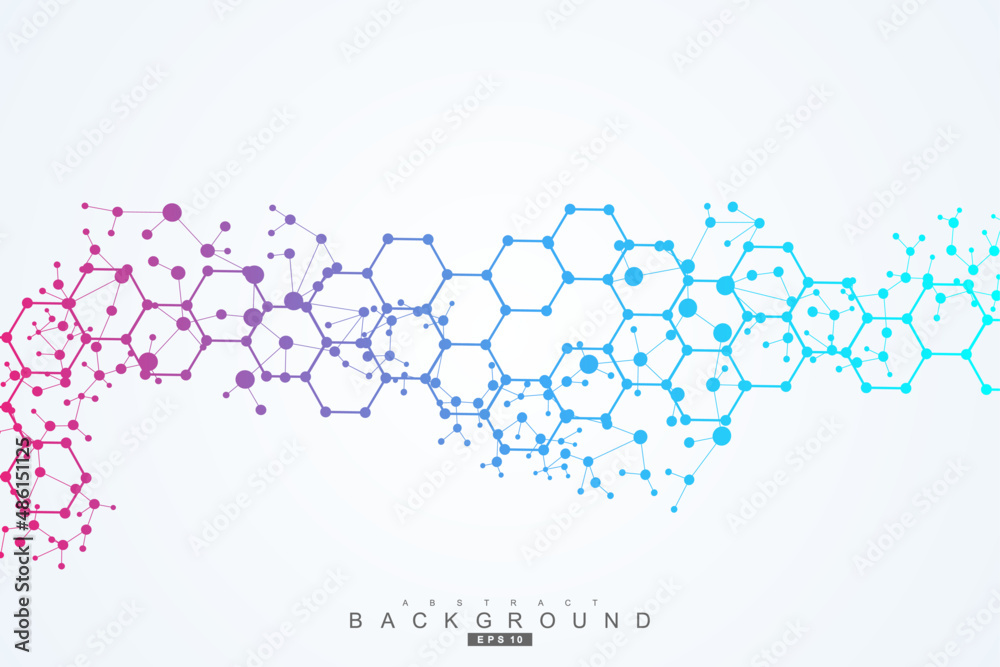 Modern futuristic background of the scientific hexagonal pattern. Virtual abstract background with particle, molecule structure for medical, technology, chemistry, science. Social network vector