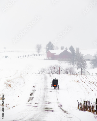 Amish Buggy from Behind Traveling on a Snowy Back Country Road in Holmes County, Ohio