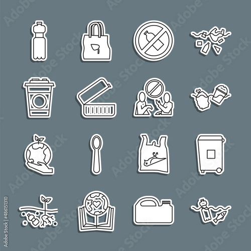 Set line Problem pollution of the ocean, Trash can, No plastic bottle, Lunch box, Paper glass, Bottle water and Stop icon. Vector