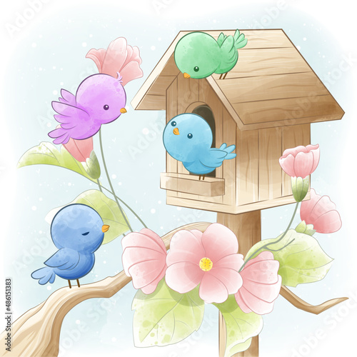 Cute birds sitting on wooden perch on birdhouse illustration