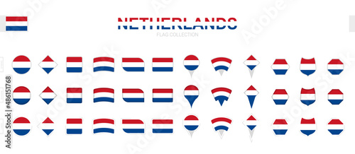 Large collection of Netherlands flags of various shapes and effects.