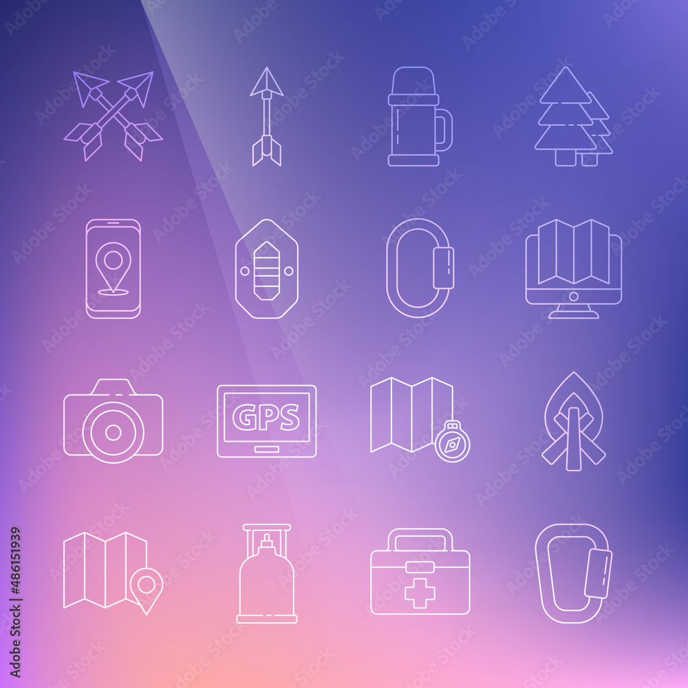 Set line Carabiner, Campfire, Location of the forest monitor, Thermos container, Rafting boat, City map navigation, Crossed arrows and icon. Vector Set line Carabiner, Campfire, Location of the forest monitor, Thermos container, Rafting boat, City map navigation, Crossed arrows and icon. Vector