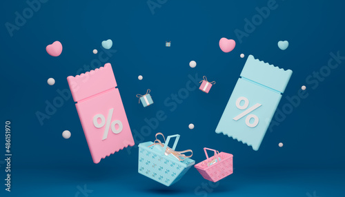 3D coupons with discounts and basket shopping. 3d voucher gift. Pastel colors. A ticket with a percentage discount. 3d Rendering illustration on white background. 