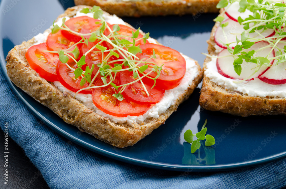 appetizing delicious vegetarian sandwiches with cream cheese, fresh cucumber, radish, tomato and microgreens on a black slate background on a plate. healthy food diet weight loss fitness. cafe menu.
