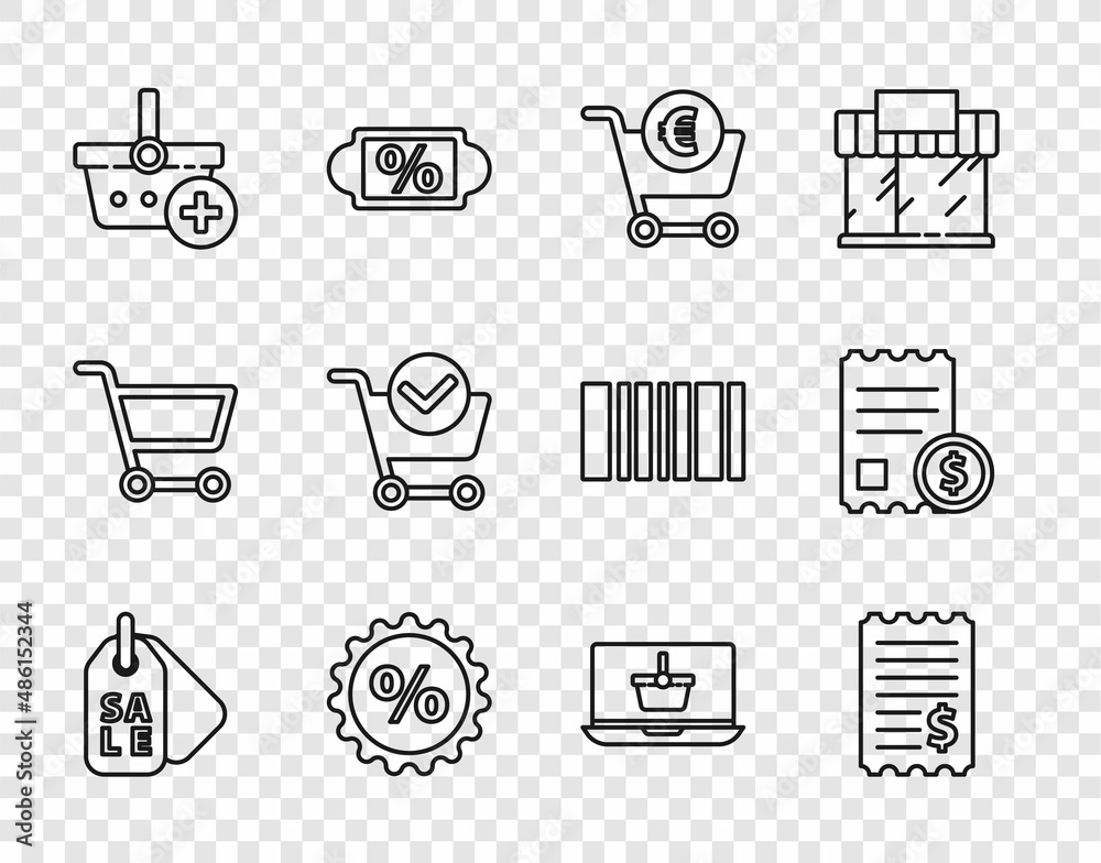 Set line Price tag with Sale, Paper check and financial check, Shopping cart euro, Discount percent, Add to basket, mark, on laptop and icon. Vector
