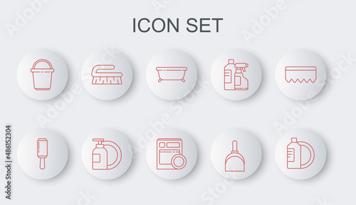 Set line Dishwashing liquid bottle and plate, Adhesive roller, Bathtub, Dustpan, Bucket, Brush for cleaning, and Kitchen dishwasher machine icon. Vector