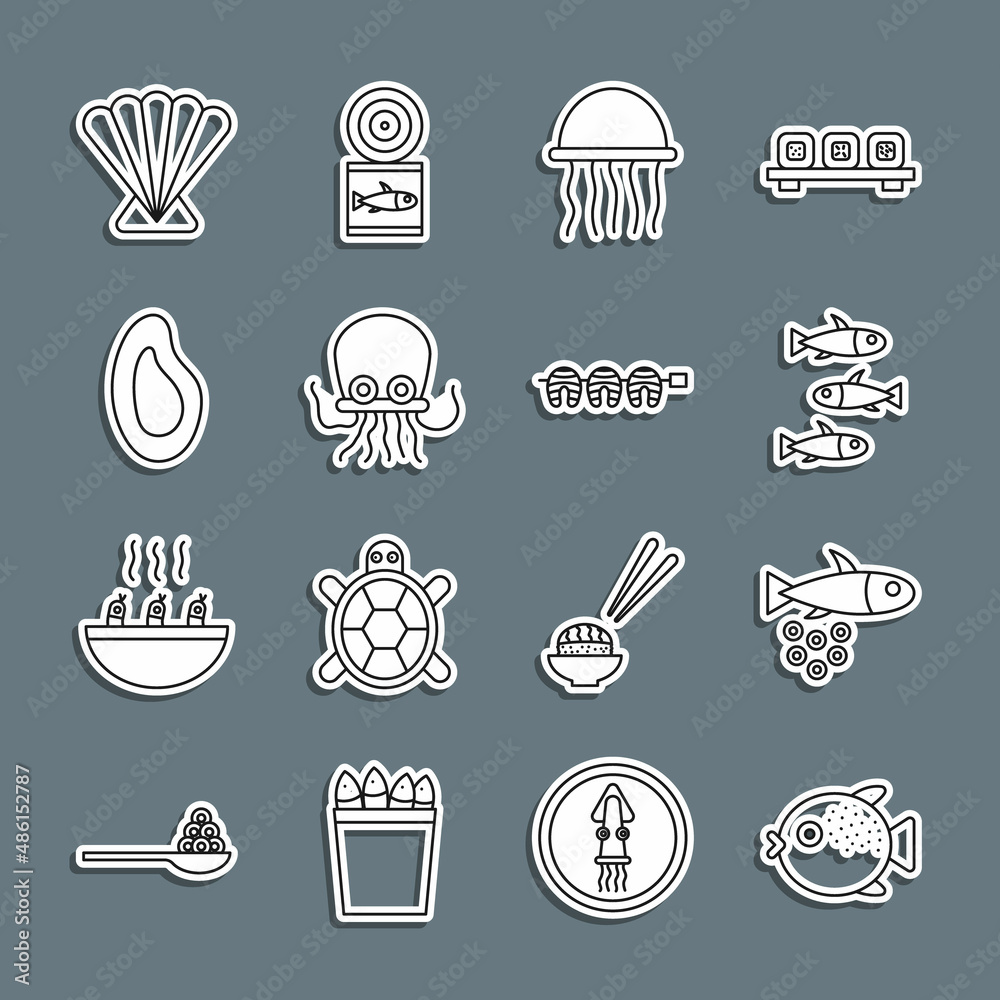 Set line Puffer fish, Fish with caviar, Fishes, Jellyfish, Octopus, Mussel, Scallop sea shell and Grilled steak icon. Vector Set line Puffer fish, Fish with caviar, Fishes, Jellyfish, Octopus, Mussel, Scallop sea shell and Grilled steak icon. Vector