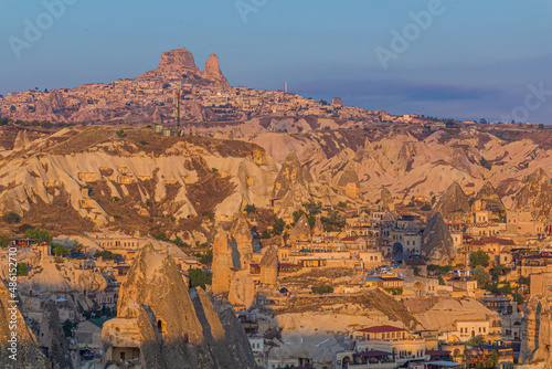View od Uchisar rock castle above Goreme village in Cappadocia, Turkey