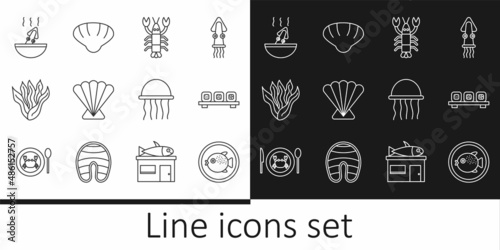 Set line Puffer fish on a plate, Sushi cutting board, Lobster, Scallop sea shell, Seaweed, Soup with octopus, Jellyfish and icon. Vector