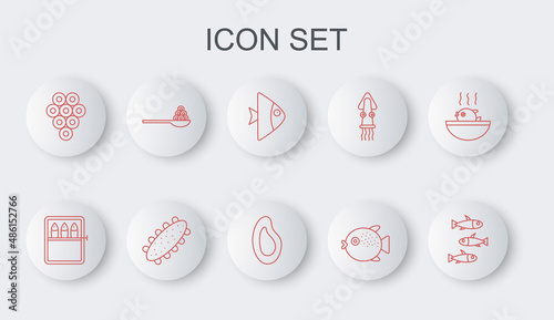 Set line Fishes, Canned fish, Puffer, Caviar, on spoon, Sea cucumber and Mussel icon. Vector