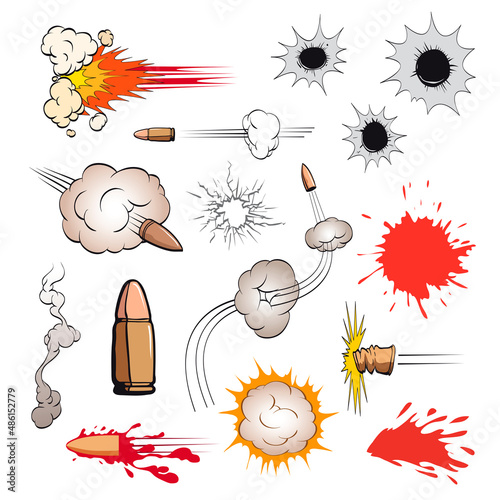 Comic book bullets set. Cartoon weapon art. Vector illustration