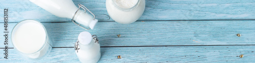 dairy products on a blue background. panorama photo