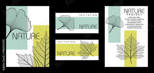 Ensemble de mise en page aux formats brochure ou carte d’invitation avec un graphisme simple et moderne sur le thème de la nature et illustré d’une feuille de ginkgo et de platane.