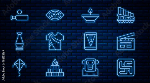 Set line Hindu swastika, Bollywood indian cinema, Aroma lamp, Indian man dress, vase, Wood cricket bat and ball, constitution day and Kheer bowl icon. Vector