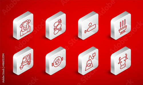 Set line Cow, Tandoori chicken, Wood cricket bat ball, Incense sticks, Tea bag, Monkey, Chicken tikka masala and Taxi tuk tuk icon. Vector