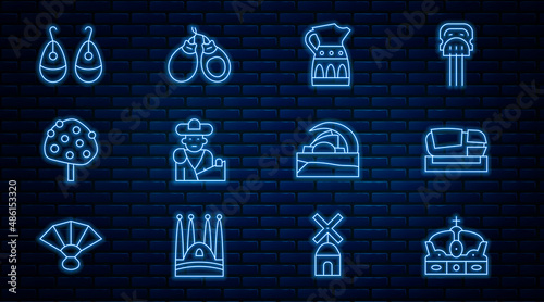Set line Crown of spain, Stadium Mestalla, Sangria pitcher, Bullfight, matador, Orange tree, Earrings, Concert hall de Tenerife and Castanets icon. Vector