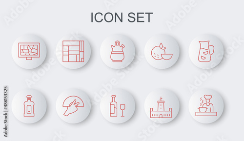 Set line Spanish cook, Orujo, Sangria pitcher, Montjuic castle, Picture art, House Edificio Mirador, Fan flamenco and Wine bottle with glass icon. Vector