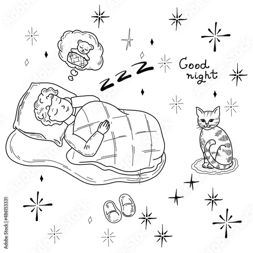 Set of drawings of cute handdrawn vector illustrations on the theme of sleep