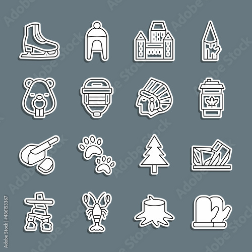 Set line Christmas mitten, Royal Ontario museum, Coffee cup to go, Chateau Frontenac hotel, Hockey helmet, Beaver animal, Skates and Native American Indian icon. Vector
