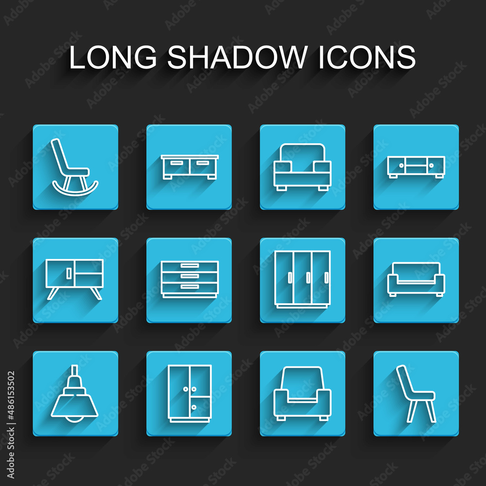 Set line Chandelier, Wardrobe, Armchair, Chest of drawers, Sofa and icon. Vector Set line Chandelier, Wardrobe, Armchair, Chest of drawers, Sofa and icon. Vector