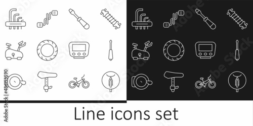 Set line Bicycle, Screwdriver, wheel tire, Stationary bicycle, Tool allen keys, speedometer and pedals icon. Vector
