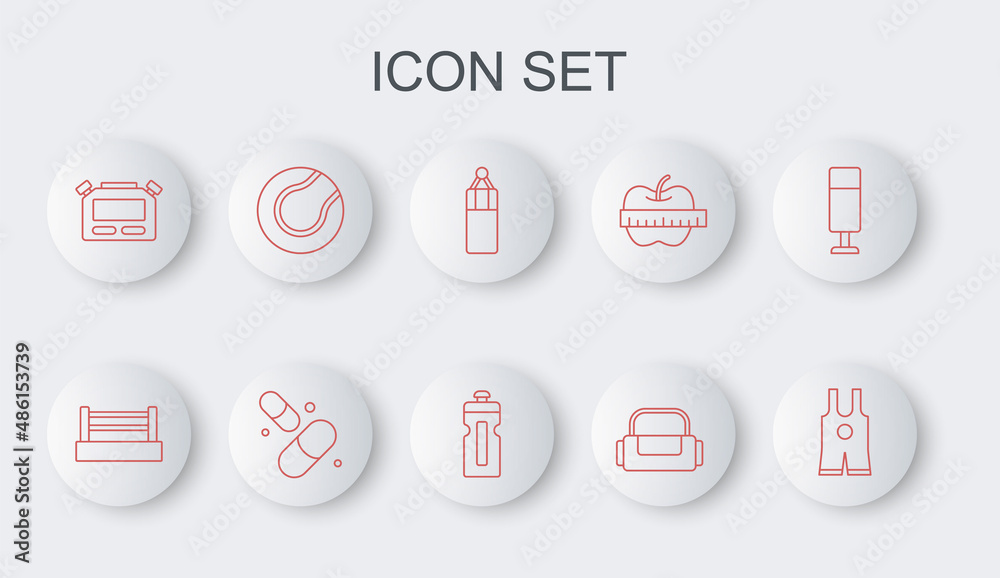 Set line Wrestling singlet, Boxing ring, Punching bag, Sport, Stopwatch, Tennis ball, Vitamin pill and Fitness shaker icon. Vector Set line Wrestling singlet, Boxing ring, Punching bag, Sport, Stopwatch, Tennis ball, Vitamin pill and Fitness shaker icon. Vector