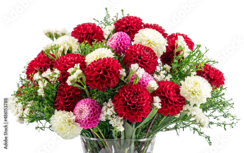 white and red dahlia bouquet isolated on white background