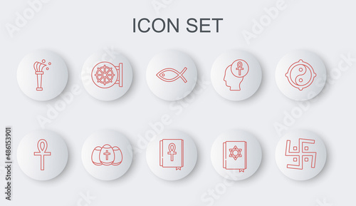 Set line Hindu swastika, Cross ankh, Christian fish, Jewish torah book, Aspergillum, Dharma wheel, Easter egg and icon. Vector