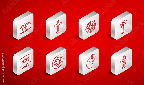 Set line Christian cross, Dharma wheel, Aspergillum, Cross ankh, Easter egg, Star of David and fish icon. Vector
