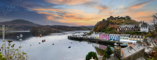 Panoramic view of the Portree harbor in Scotland, UK photo