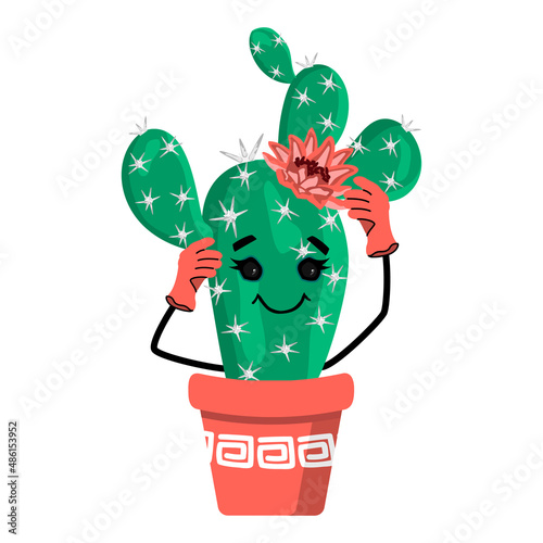 Cute cartoon cactus with flower on its head and gloved hands.Vector smiling character with eyes  in a flower pot.Hand drawn isolated illustration.Template for design cards,posters,flyers,cover.
