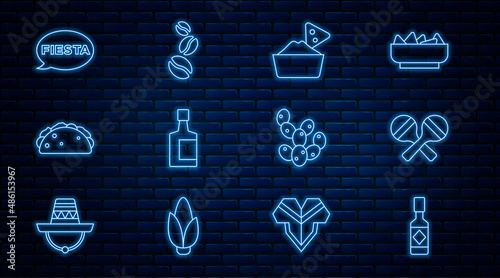 Set line Tabasco sauce, Maracas, Nachos in bowl, Tequila bottle, Taco with tortilla, Fiesta, Cactus and Coffee beans icon. Vector