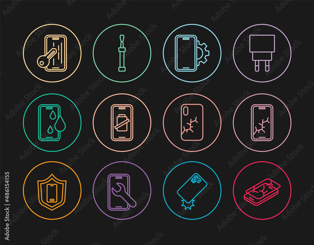 Set line Mobile with broken screen, Phone repair service, Smartphone battery charge, Waterproof, Glass protector, and Screwdriver icon. Vector Set line Mobile with broken screen, Phone repair service, Smartphone battery charge, Waterproof, Glass protector, and Screwdriver icon. Vector