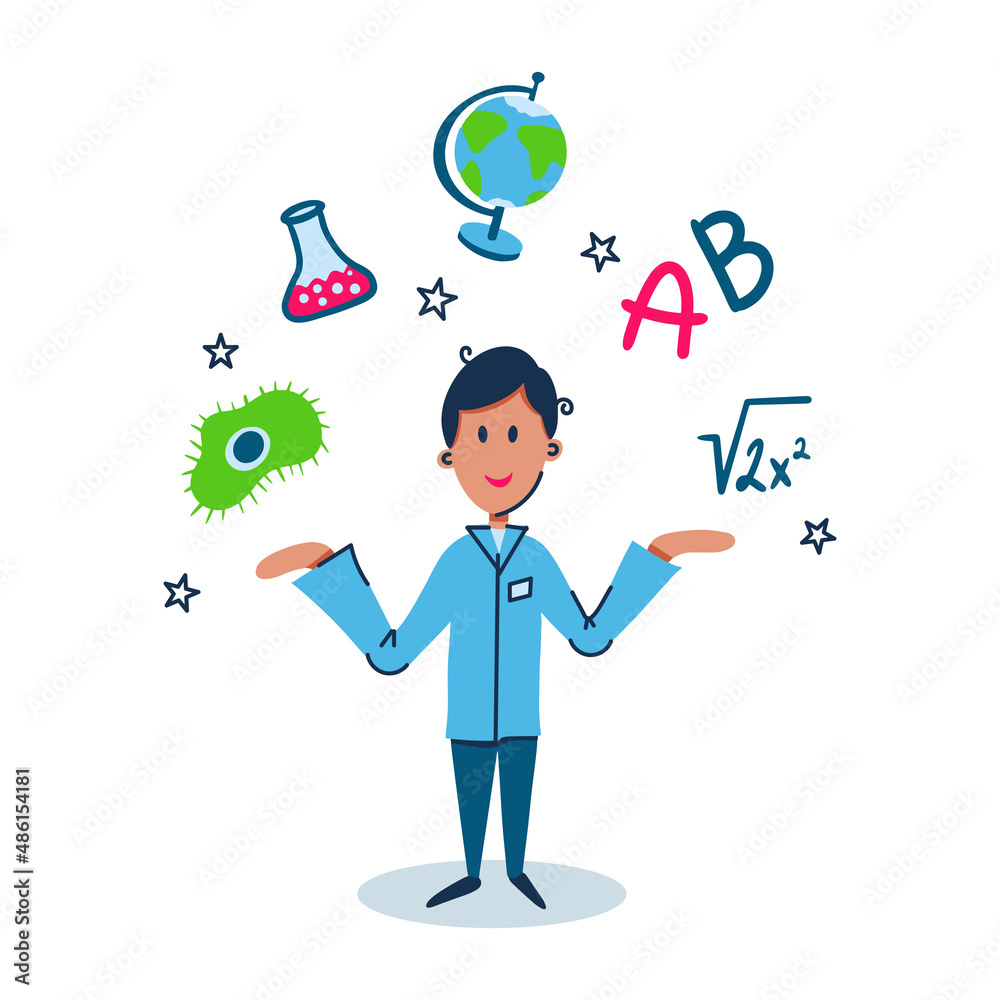The male teacher spreads his hands. Above the teacher s head are symbols of sciences. Globe, bacterium, square root, alphabet The male teacher spreads his hands. Above the teacher s head are symbols of sciences. Globe, bacterium, square root, alphabet