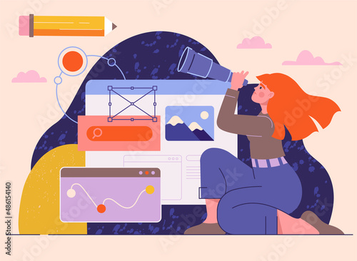 Design inspiration concept. Girl with binoculars scans pages. Work on website, programming and writing code. Freelancer working on project, coworking, internet. Cartoon flat vector illustration