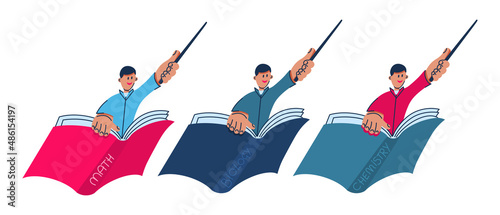 a pedagogue with a pointer in his hand flies on a book