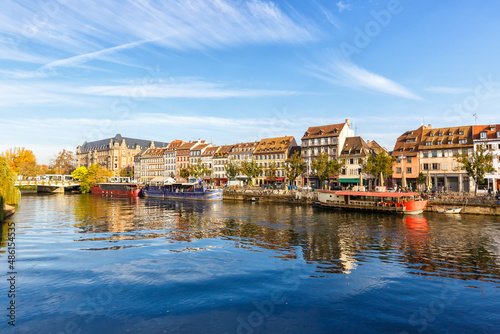 Historical houses buildings at river Ill water Alsace in Strasbourg France