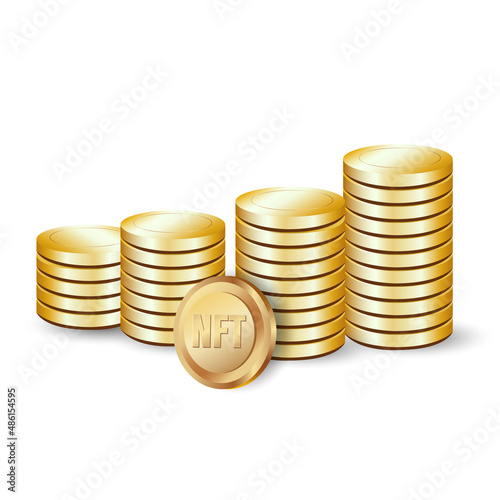 Nonfungible, unique token does not coin realistic 3d golden vector illustration for banking nft, and blockchain concepts. Gold money, internet finance coin 