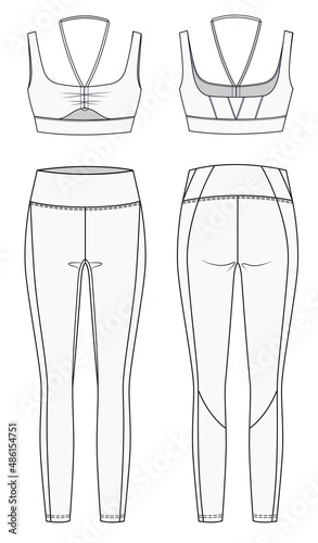Sports Wear fashion design set. Womens Sports Bra fashion flat template. Womens Leggings pants fashion flat drawing set.