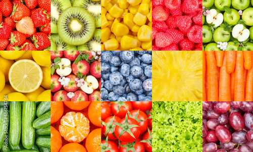 Collection of fruits and vegetables fruit collage background with berries and grapes