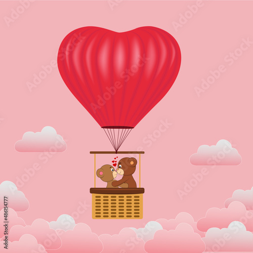 GLOBO AEROSTATICO CON FORMA DE CORAZON TRANSPORTANDO UN PAREJA DE PELUCHES DE OSOS 
