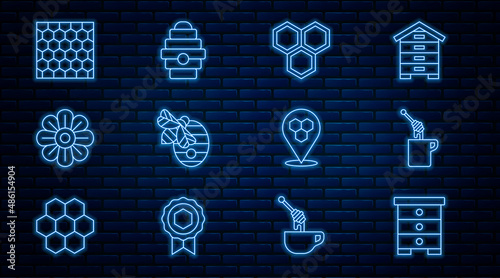 Set line Hive for bees, Honey dipper stick with honey, Honeycomb, Flower, location and icon. Vector