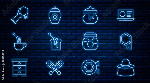 Set line Beekeeper with protect hat, Honeycomb, Jar of honey, dipper stick, and hand, and icon. Vector