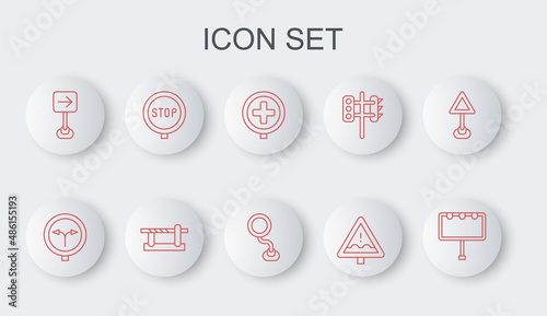 Set line Billboard with lights, Fork in the road, Hospital traffic, Uneven ahead sign, Traffic turn right, Stop, Parking car barrier and Road icon. Vector