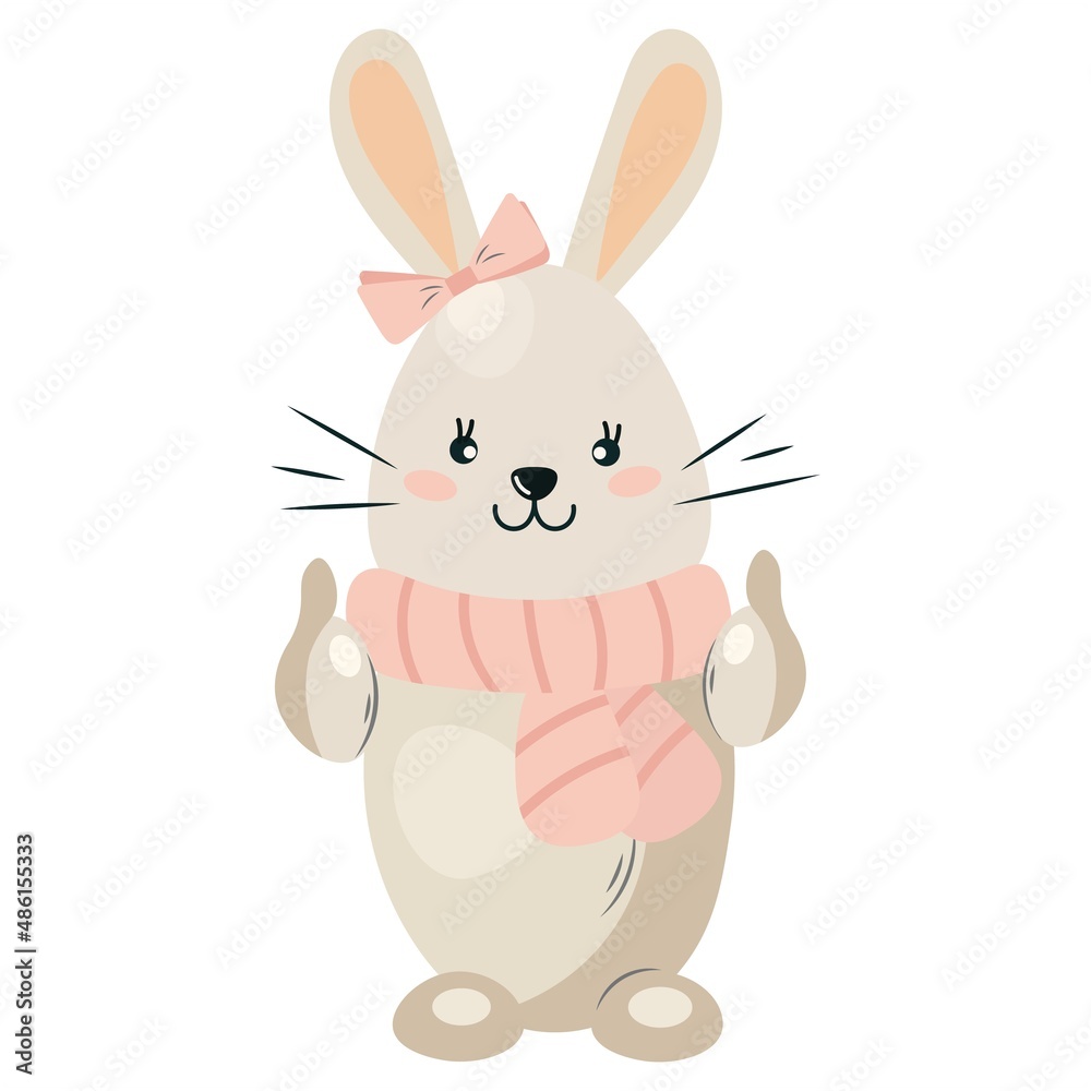 Fototapeta premium Cute, flat minimalistic hare. Boho rabbit girl. Funny character raises a finger up. Pet vector isolated on white background for kids app, game, book, print, postcard, t-shirt design, party invitation.
