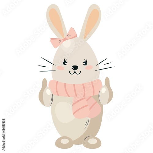 Cute  flat minimalistic hare. Boho rabbit girl. Funny character raises a finger up. Pet vector isolated on white background for kids app  game  book  print  postcard  t-shirt design  party invitation.