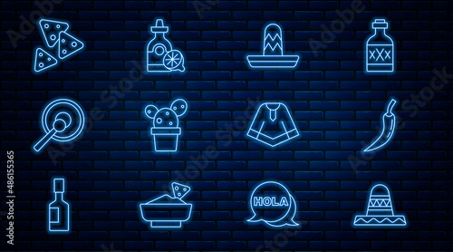 Set line Mexican sombrero, Hot chili pepper pod, Cactus or succulent in pot, Gong, Nachos, Poncho and Tequila bottle with lemon icon. Vector