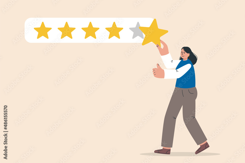 Woman customer giving five star rating. Positive online feedback, product or service evaluation. Customer review. Feedback. Woman customer giving five star rating. Positive online feedback, product or service evaluation. Customer review. Feedback.