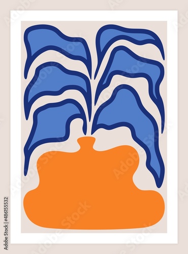 Abstract vase poster. Minimalist floral art print, contemporary pottery background, hand drawn leaves organic shapes. Vector illustration