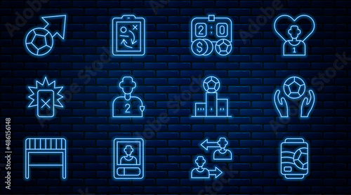 Set line Beer can, Soccer football ball, Football betting money, or soccer player, Red card, Award over sports winner podium and Planning strategy concept icon. Vector